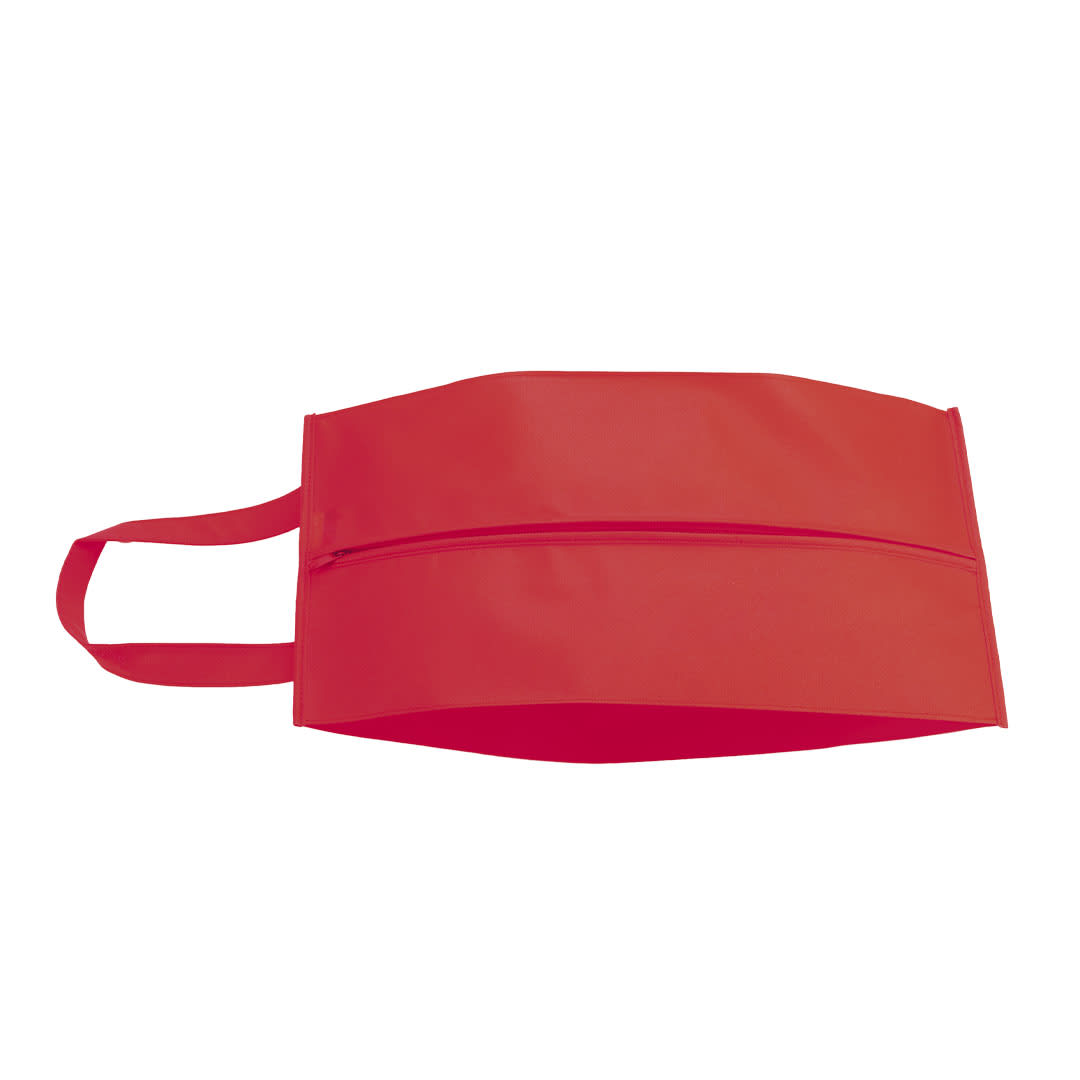 A red shoe bag with a zip closure and two handles, featuring branding. Recco Shoe Bag - Image 1