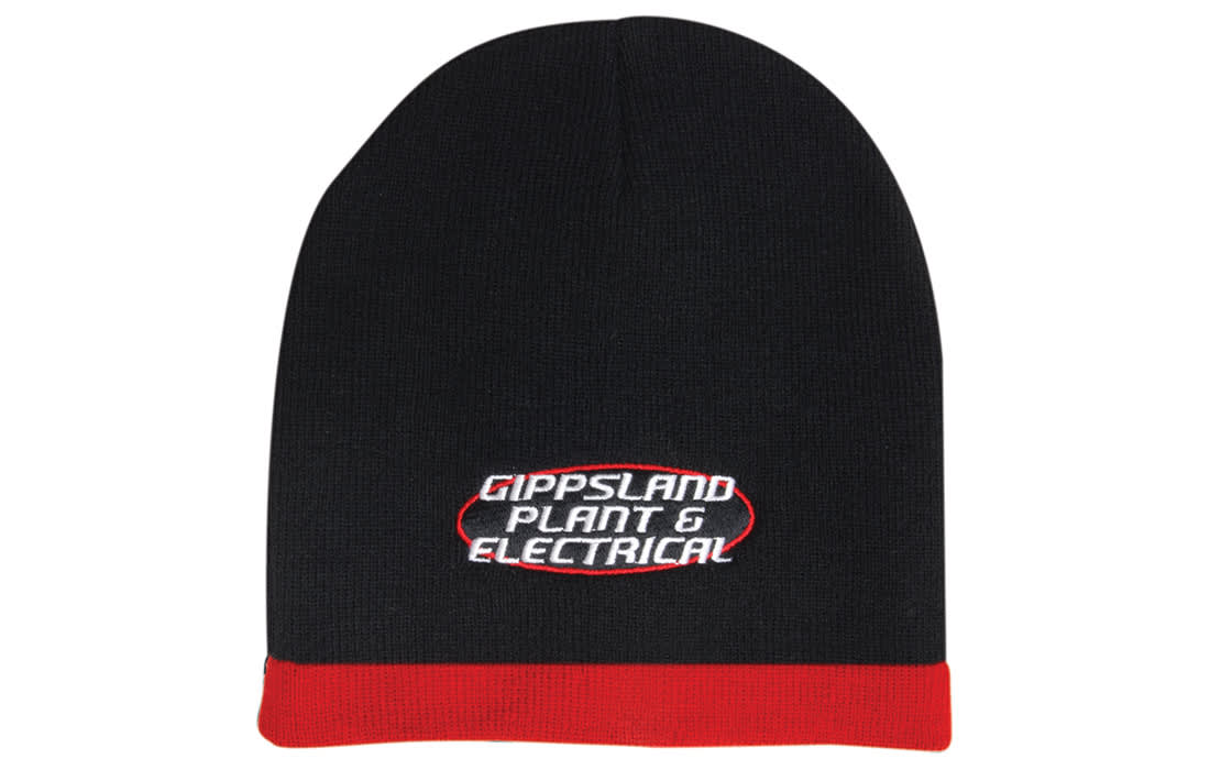 A two-tone acrylic beanie in black with a red cuff and a logo on the front. Roll Down Two Tone Acrylic Beanie - Toque - Image 1
