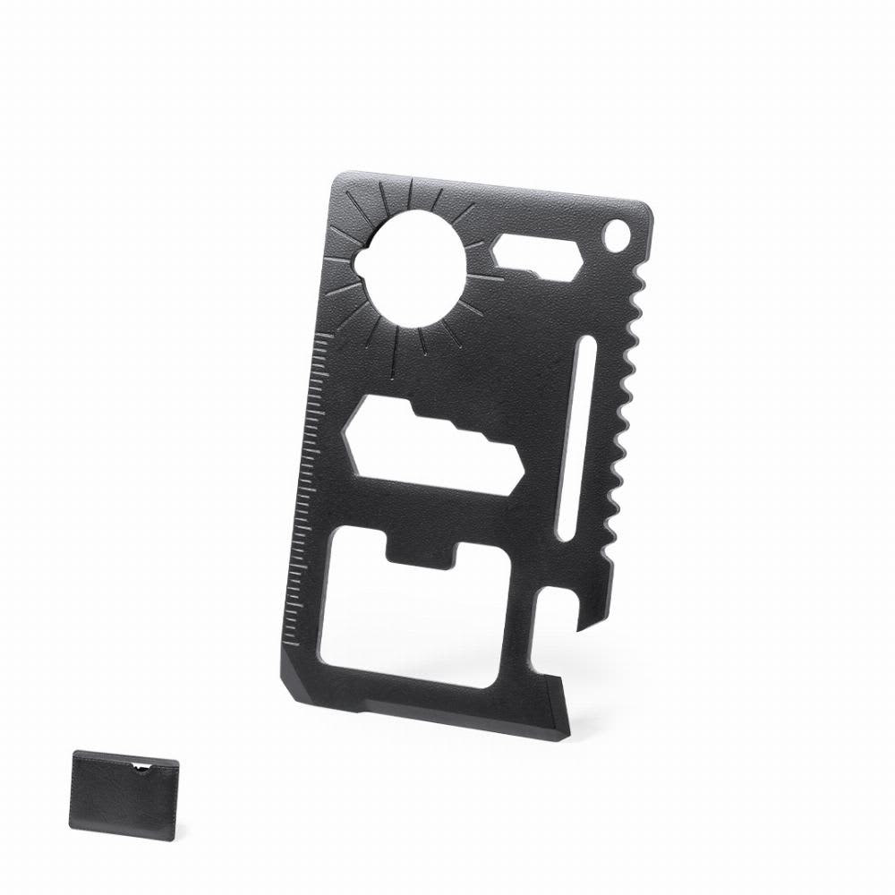 A black multi-tool card featuring various shapes for practical use, accompanied by a slim black holder. Wicax - Image 1