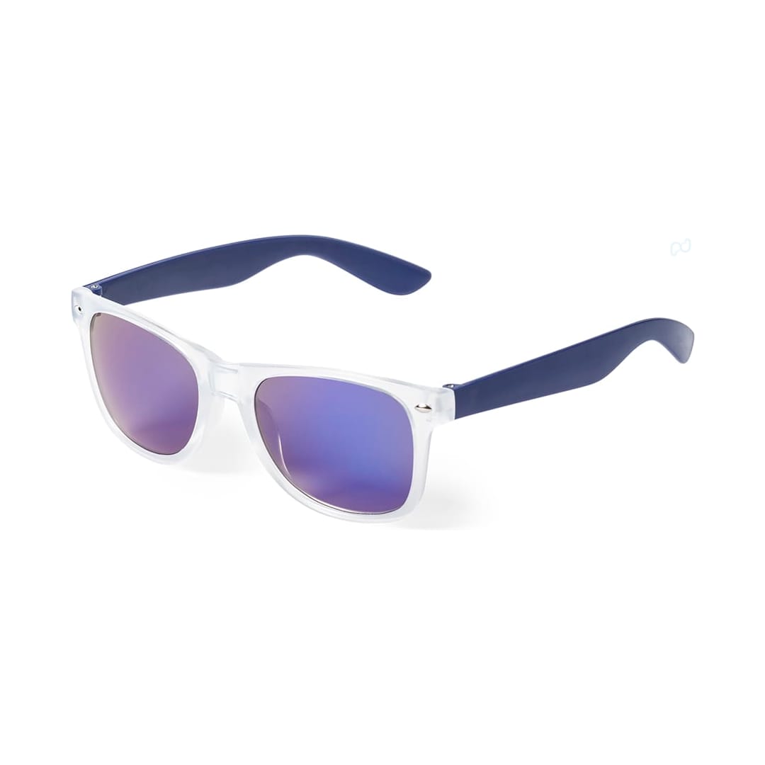 A pair of sunglasses with a clear frame and dark blue arms featuring gradient purple lenses. Harvey Sunglasses - Image 1