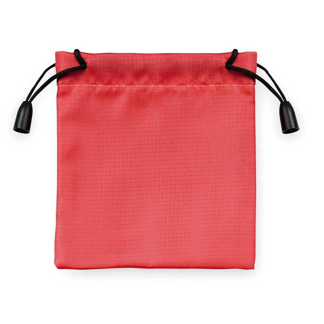 A drawstring bag in a bright coral colour with black drawstrings and toggles. It has a smooth, textured surface. Kiping Bag - Image 1