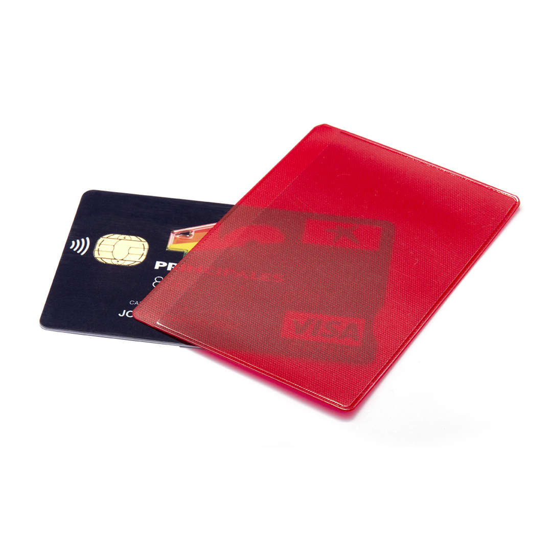 A red Kazak card holder with a card partially visible inside. The holder has a sleek design and features branding. Kazak Card Holder - Image 1