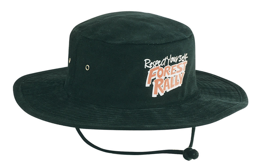 A black brushed heavy cotton hat with a wide brim and an adjustable chin strap, featuring a logo. Brushed Heavy Cotton Hat - Image 1