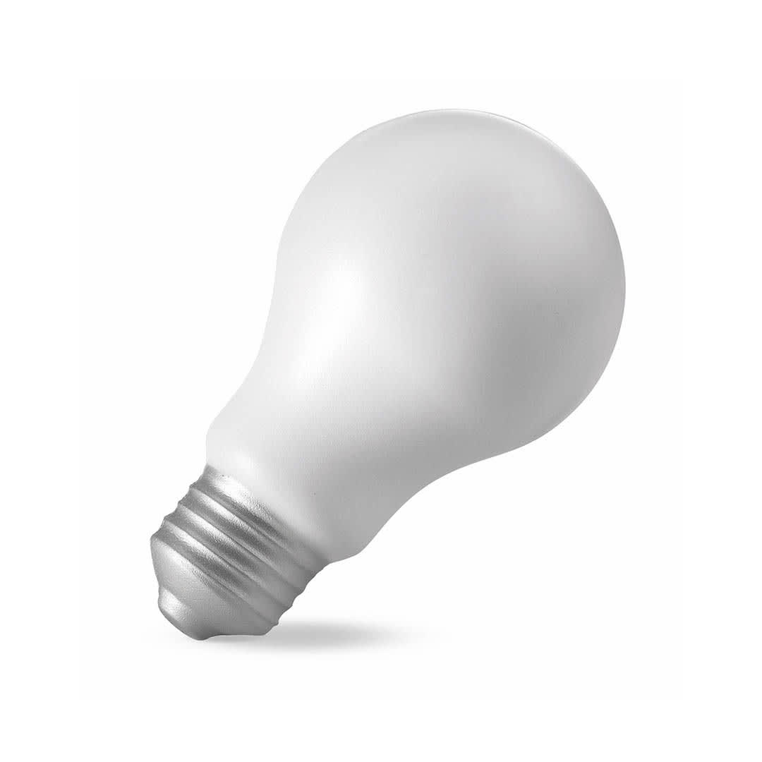 A white light bulb shaped stress toy with a metallic base, featuring a logo. Kidea Antistress - Image 1