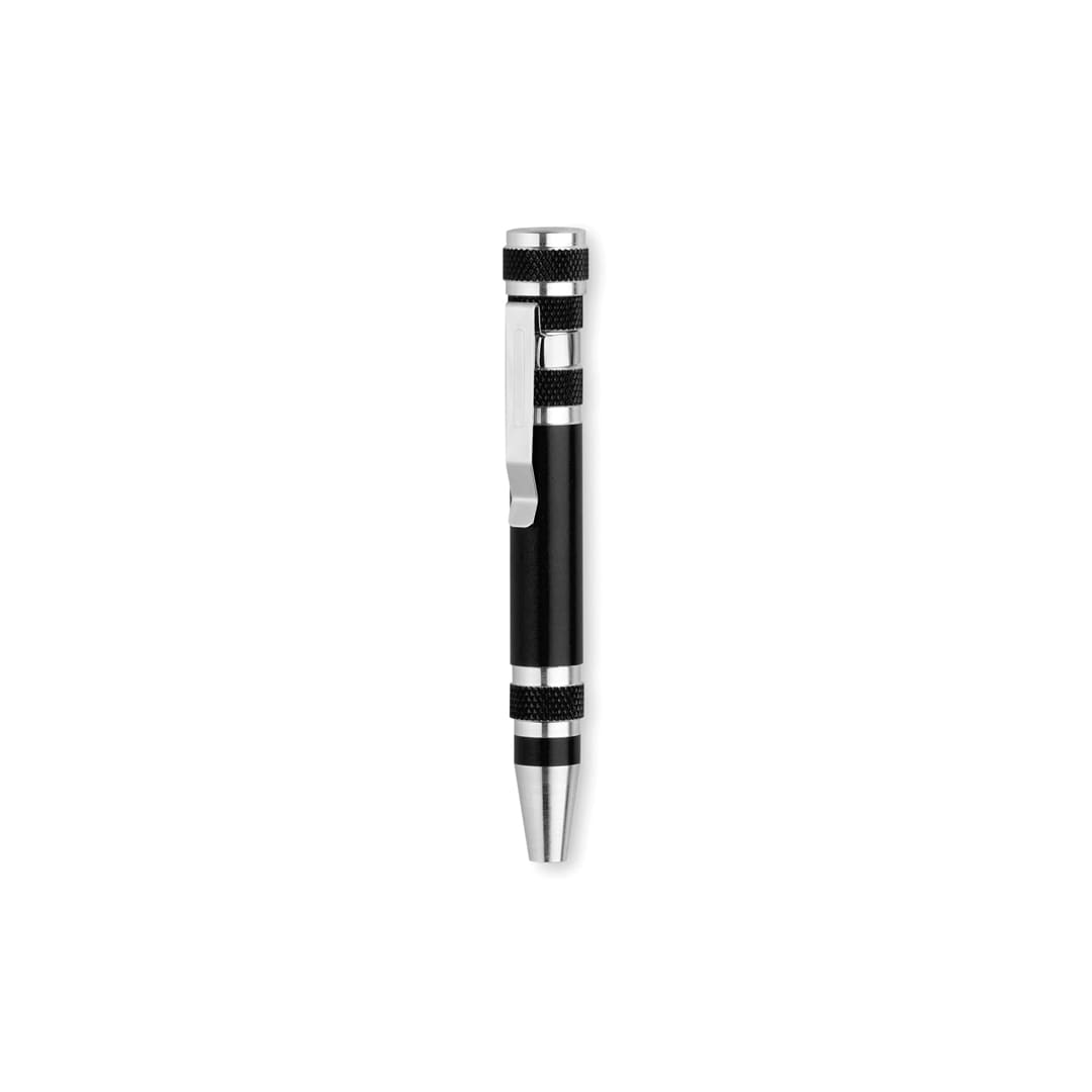 A black multitool pen featuring chrome accents and a clip, designed for various practical uses. Blizen Multitool - Image 1