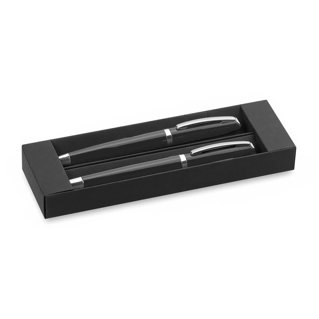 A black metal pen set in a black box with a silver accent on each pen. The package is sleek and elegant. Lumix Set - Image 1