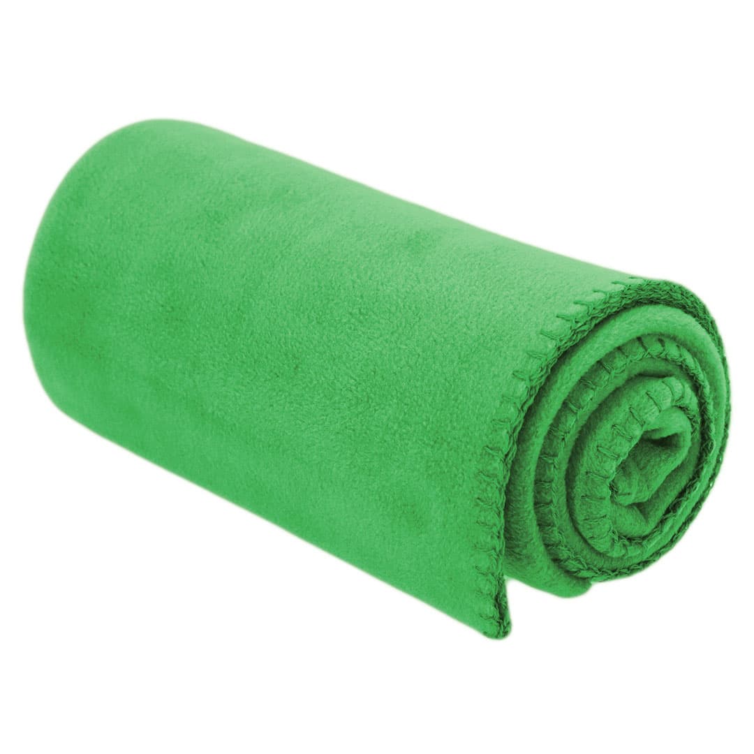 A rolled-up green blanket with a soft texture, featuring a stitched edge and a minimalistic design. Menex Blanket - Image 1