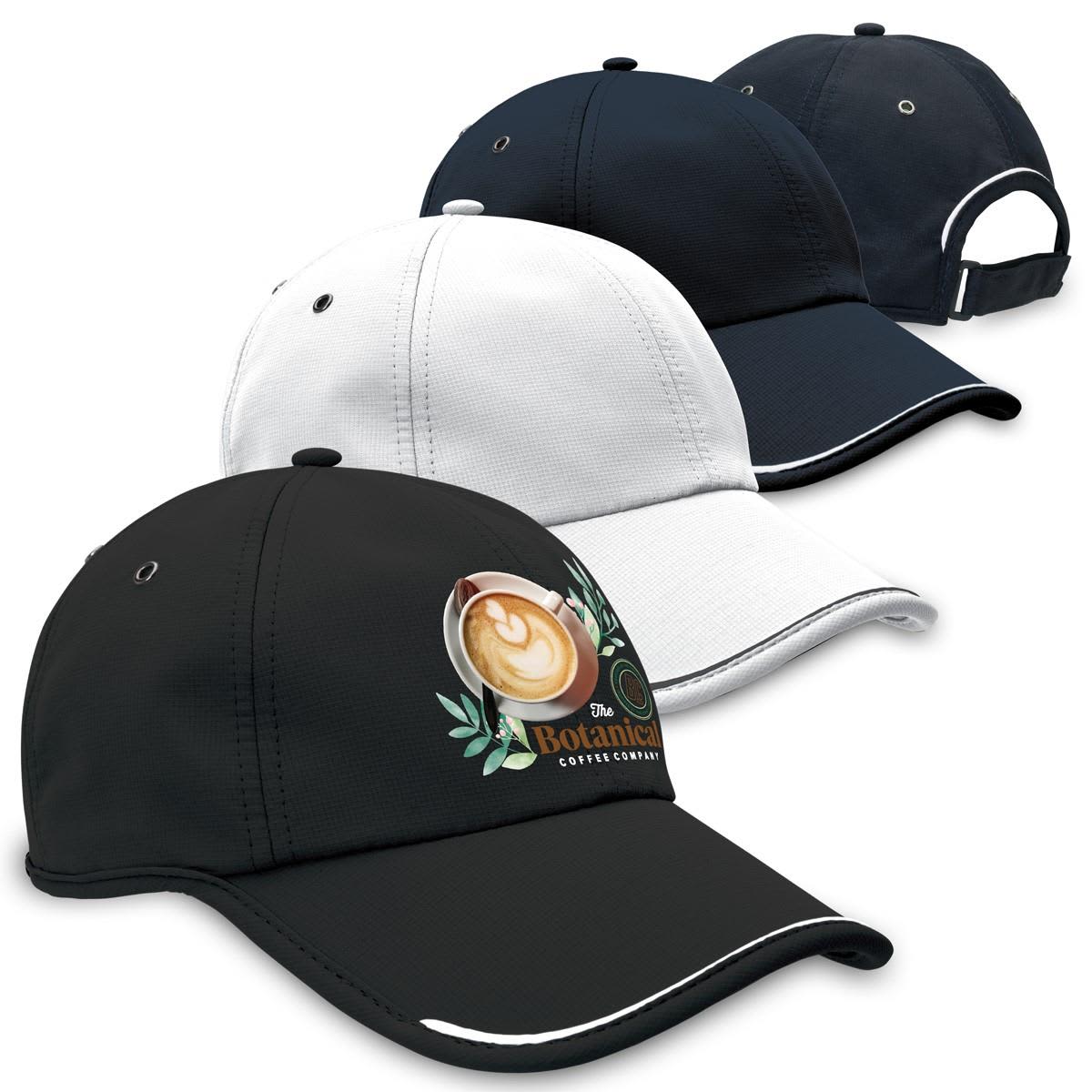 Four caps are displayed in black, white, and navy, featuring a logo on the front of each. Sport Lite - Image 1