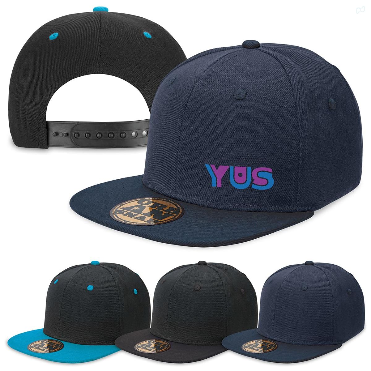 A navy blue snapback cap with a flat brim, featuring a logo, and accented with bright blue details. Youth Urban Snapback - Image 1
