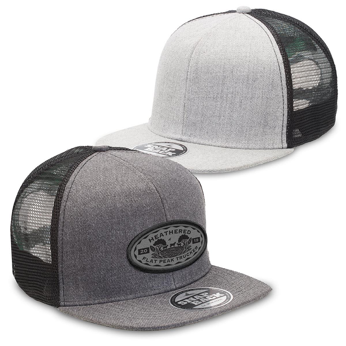 A grey and black heathered flat peak trucker cap featuring a logo on the front and mesh panels on the sides. Heathered Flat Peak Trucker - Image 1