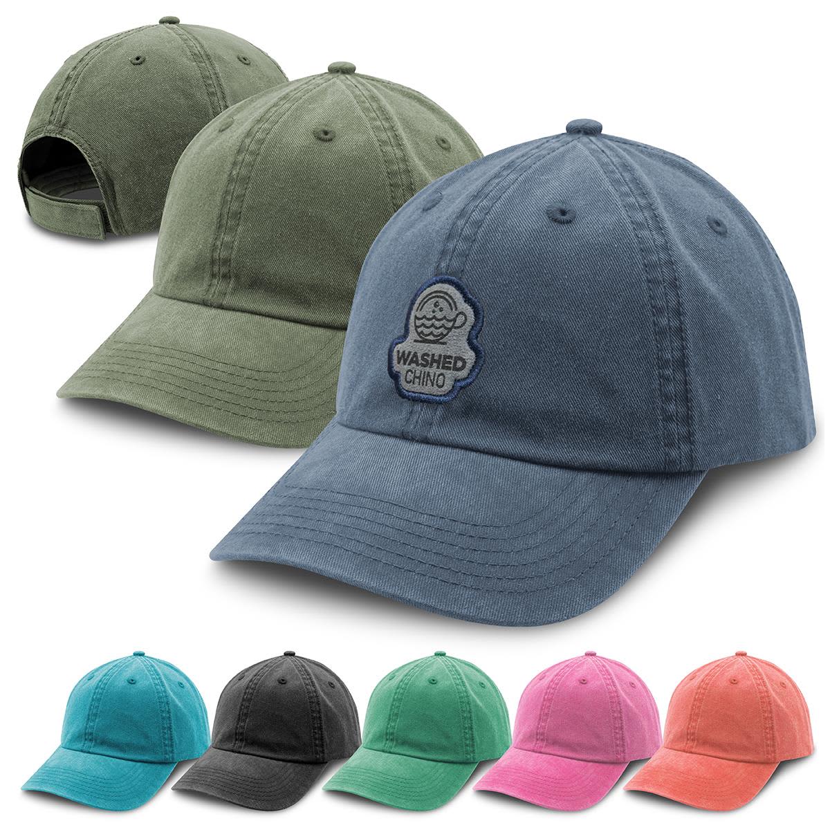 A collection of "Washed Chino" caps in various colours: green, blue, black, teal, pink, and coral, featuring a logo. Washed Chino - Image 1