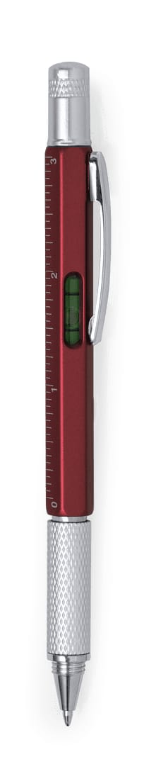 A multifunction pen in burgundy and silver, featuring a measuring tool and a logo. Sauris Multifunction Pen - Image 1
