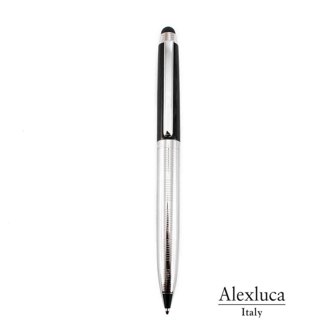 A sleek silver and black stylus touch ball pen with a polished finish and a logo. Lantey Stylus Touch Ball Pen - Image 1