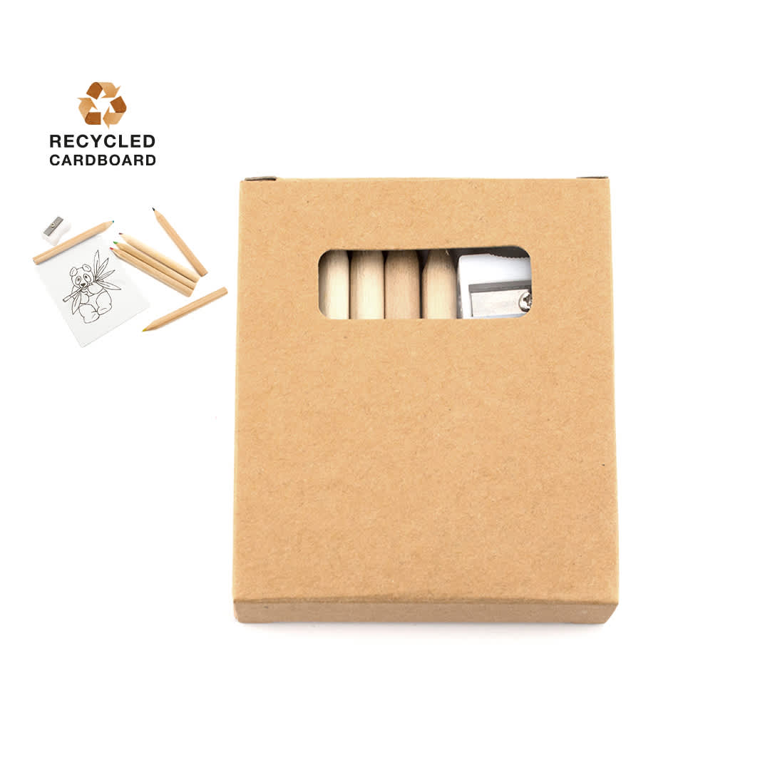 A boxed set of coloured pencils in natural wood, featuring a sharpener and a sketch sheet, with a window display. Figgy Set - Image 1