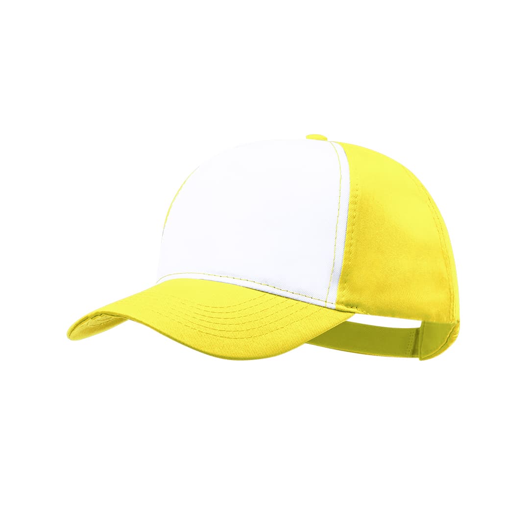 A yellow and white trucker cap featuring a solid colour design and a back strap. Sodel Cap - Image 1