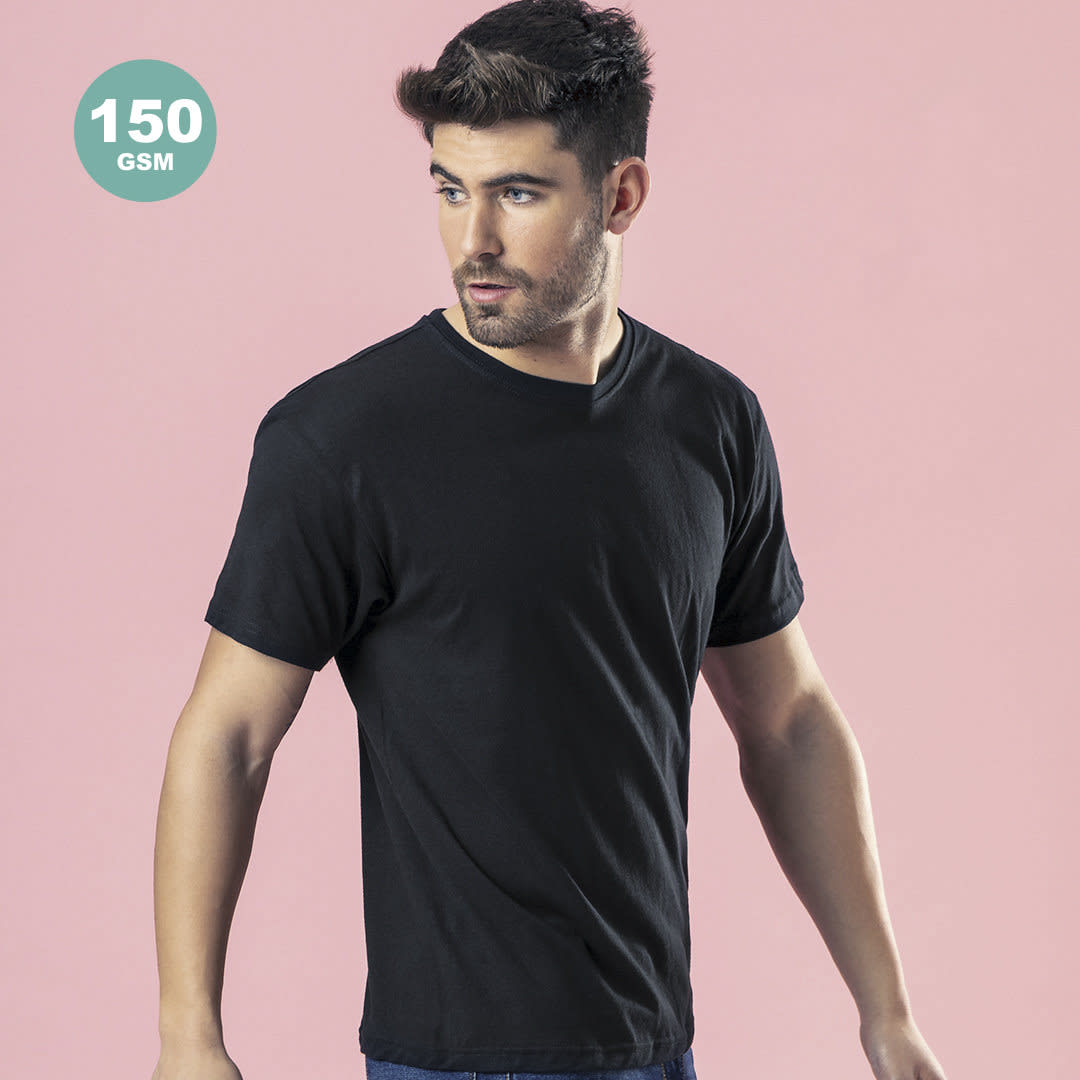 A black premium adult colour T-shirt with a round neckline, featuring a logo and set against a pink background. Premium Adult Colour T-Shirt - Image 1