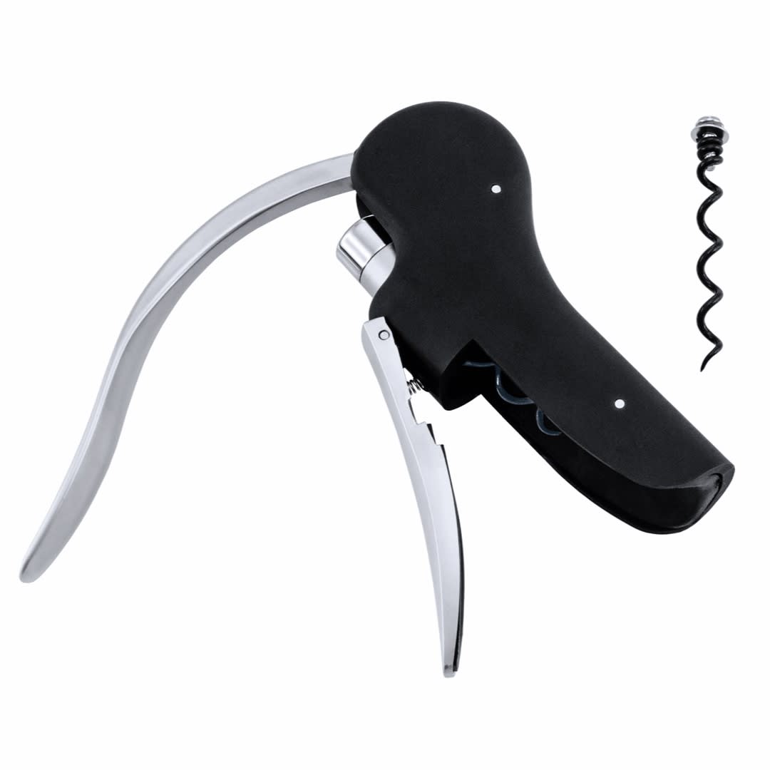 A black corkscrew with a silver lever and a spiral corkscrew, featuring a compact design for easy handling. Trolex Corkscrew - Image 1