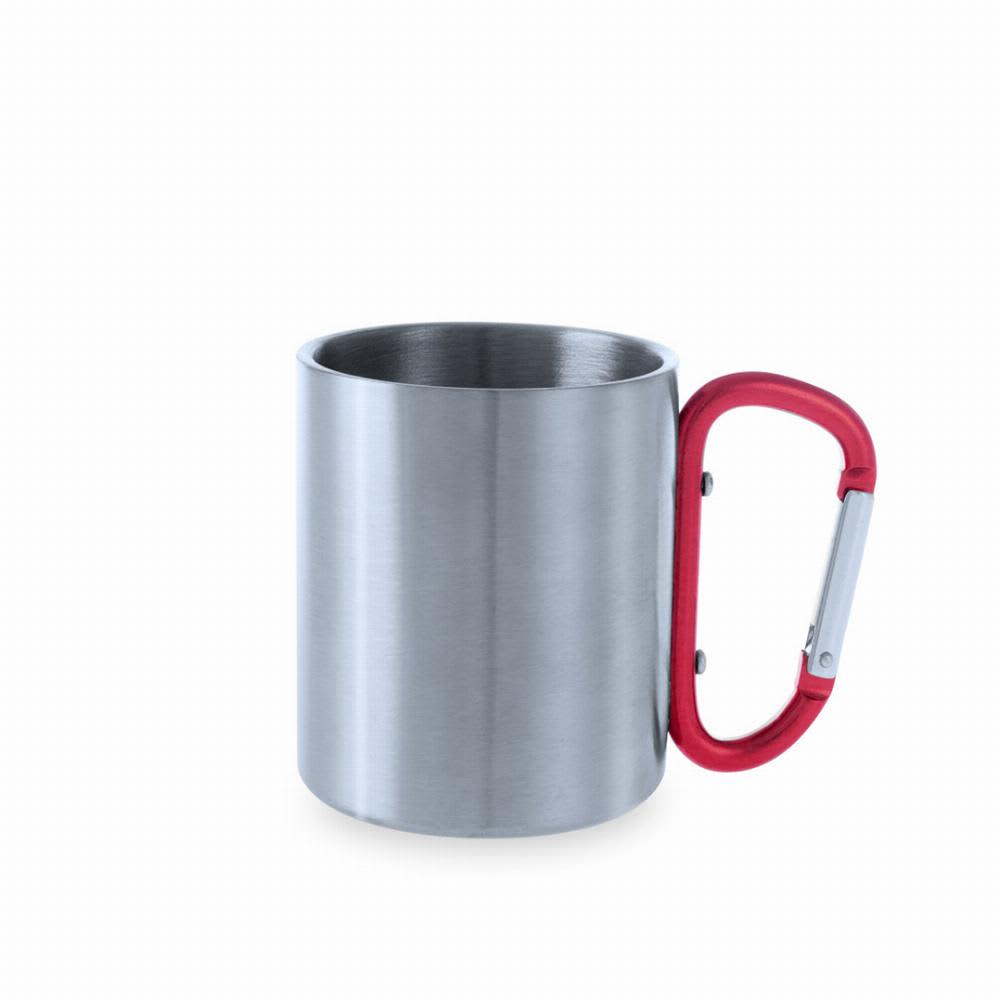 A drink bottle with a stainless steel body and a red carabiner-style handle. Features a smooth, reflective surface. Bastic - Image 1