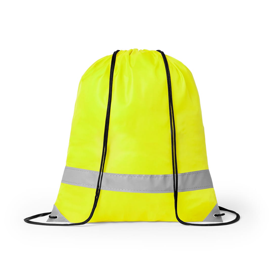 A bright yellow drawstring bag with reflective stripes and black cords. It has a logo on the front. Lemap Drawstring Bag - Image 1