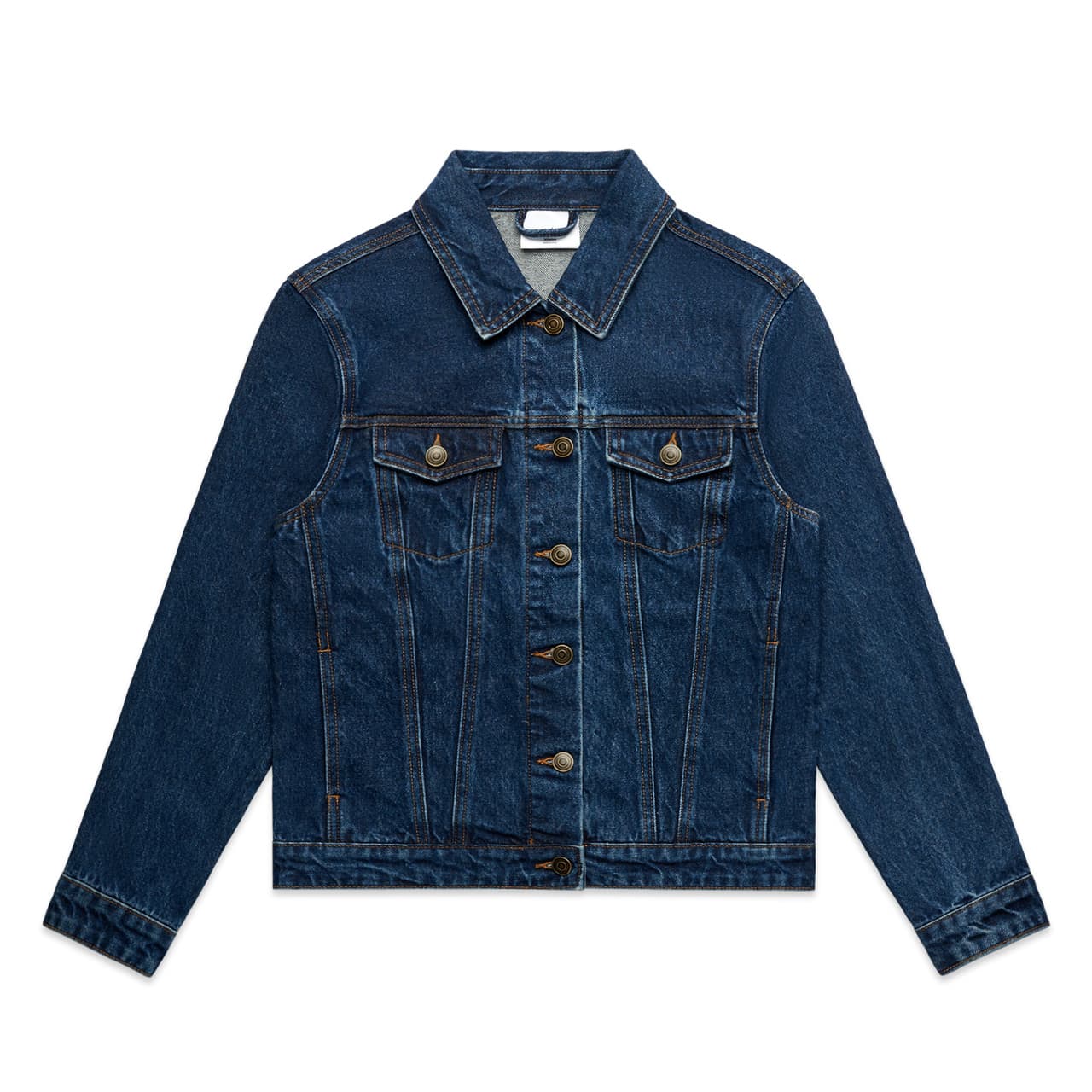 A denim jacket in a deep blue shade featuring a classic collar, front pockets, and button closure. It has a logo. Wo's Denim Jacket - Image 1