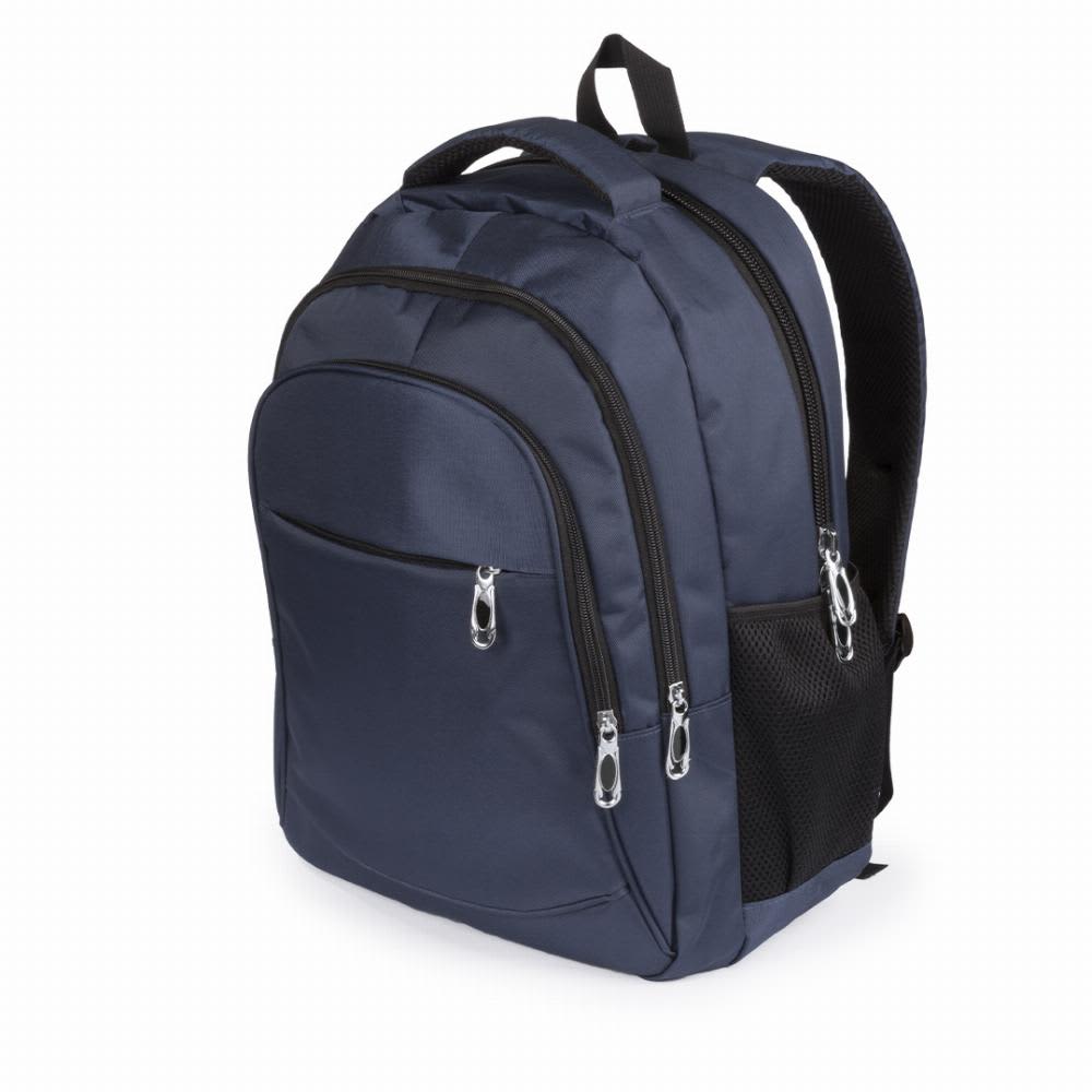 A backpack in navy blue with multiple zippered compartments and a mesh side pocket. It has padded shoulder straps. Arcano - Image 1
