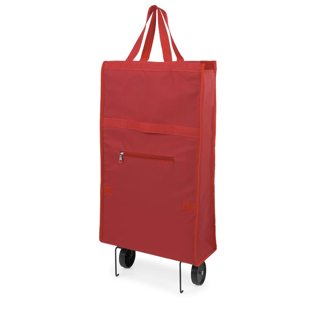 A red shopping trolley with a zippered front pocket and wheels, featuring sturdy handles for easy transport. Fasty Shopping Trolley - Image 1