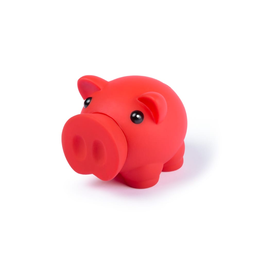 A red pig-shaped money box with black eyes and a rounded, playful design. It has a branding logo. Donax Money Box - Image 1