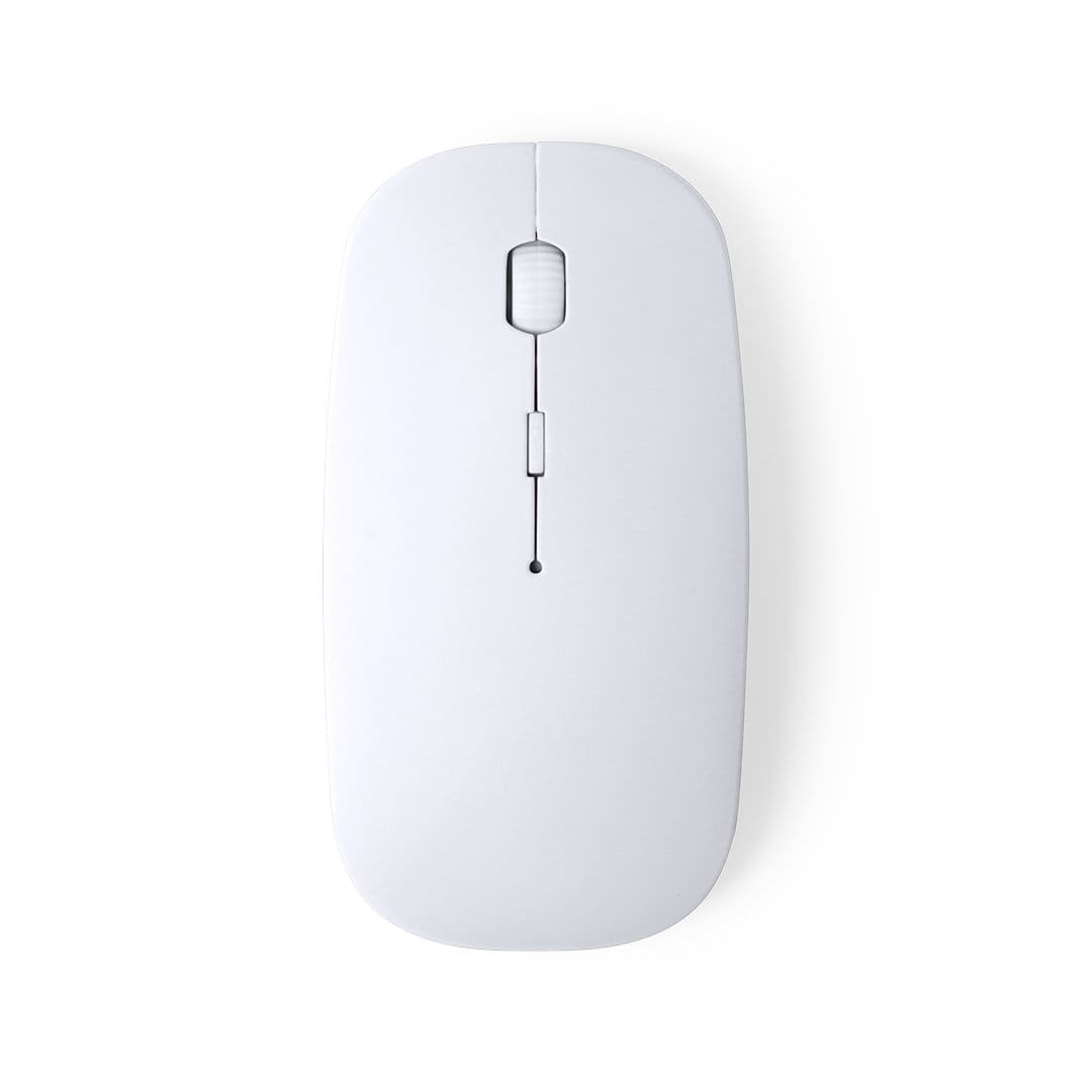 A white wireless mouse with a simple design, featuring a central scroll wheel and a logo on the surface. Lyster Mouse - Image 1