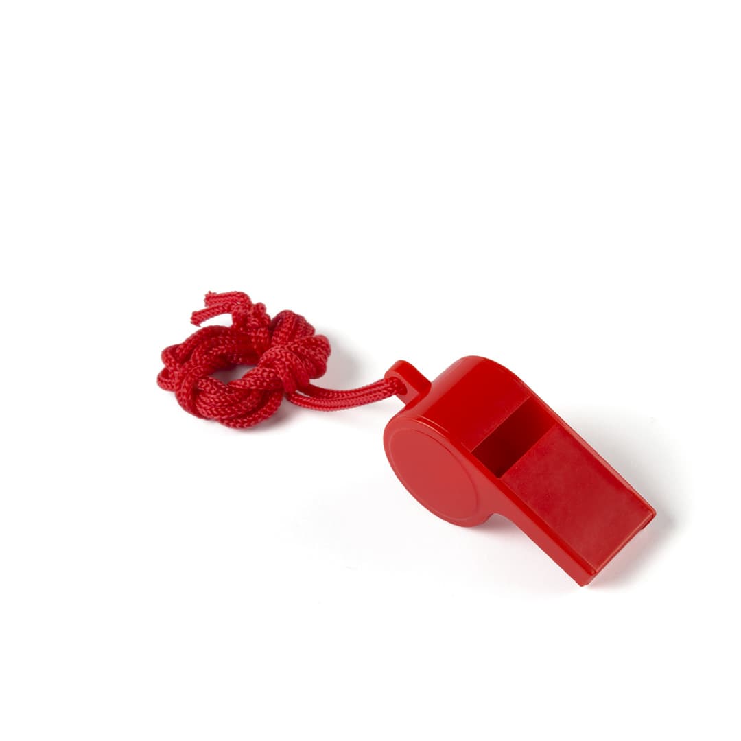 A red whistle with a red rope lanyard, designed as a novelty item for fun and games. Yopet Whistle - Image 1