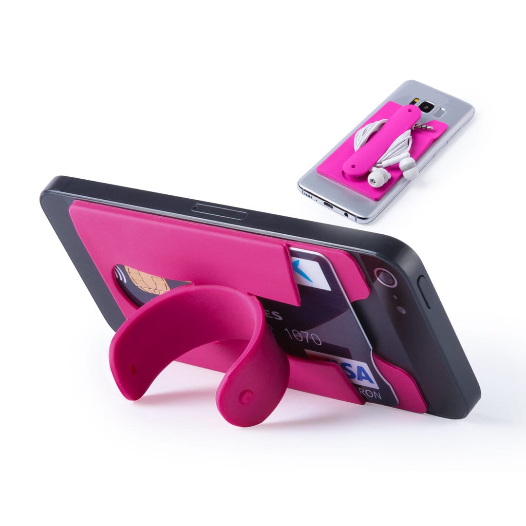 A pink multipurpose pouch attaches to a smartphone, holding cards and earphones in place. Blizz Multipurpose Pouch - Image 1