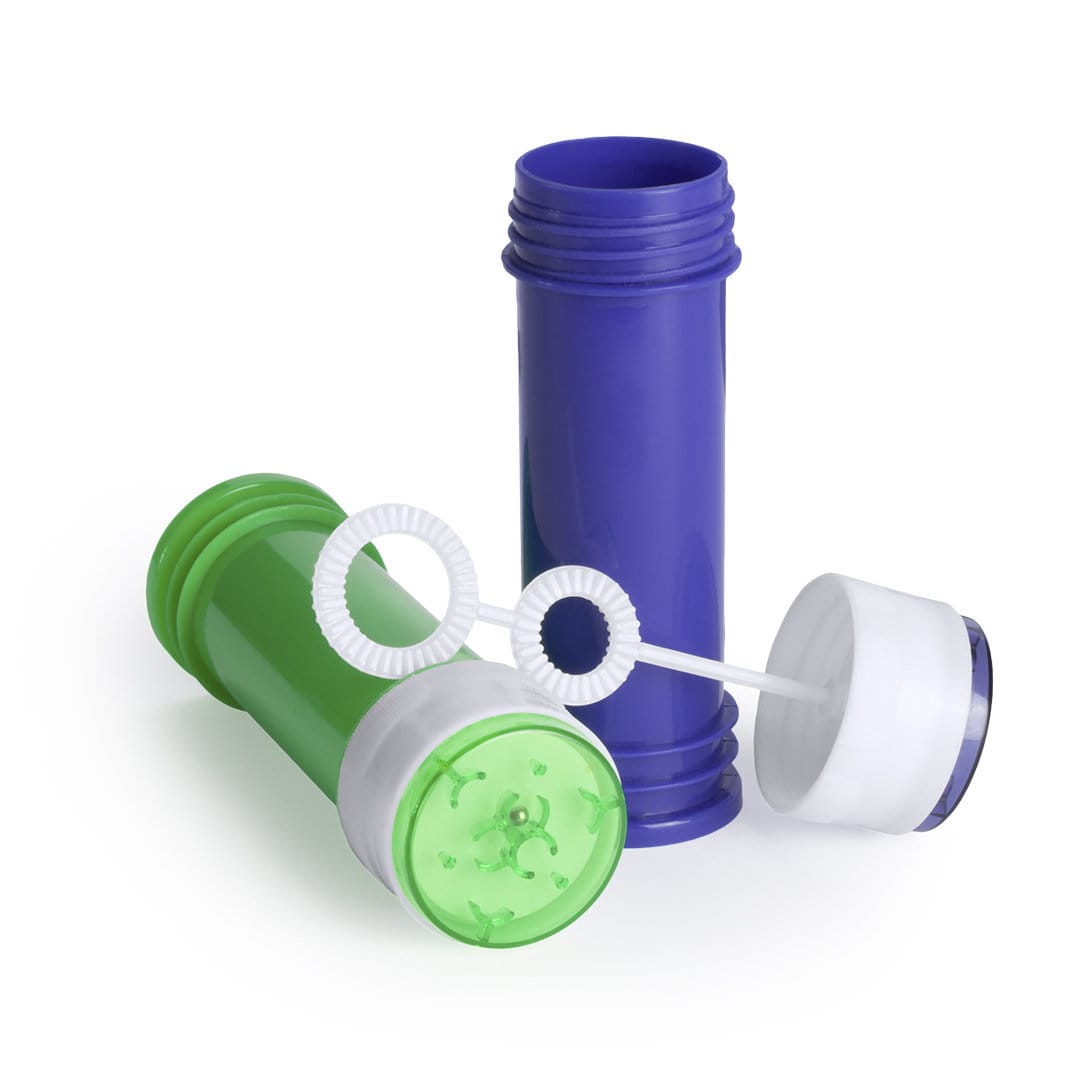 A green and purple bubble wand set, featuring two bottles with bubble wands on top. Each has a distinct colour. Bujass Bubbles - Image 1