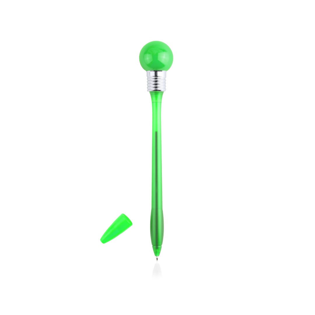 A green pen with a spherical top and chrome accents, featuring a removable cap. Nicky Pen - Image 1