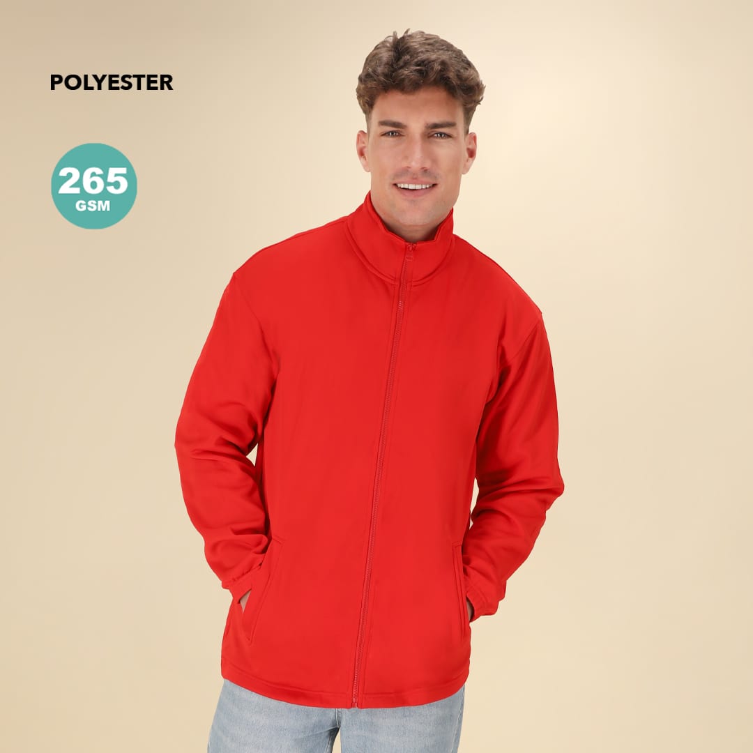 A man wearing a red Klusten Technical Jacket made of polyester, featuring a zip front and a collar. Klusten Technical Jacket - Image 1