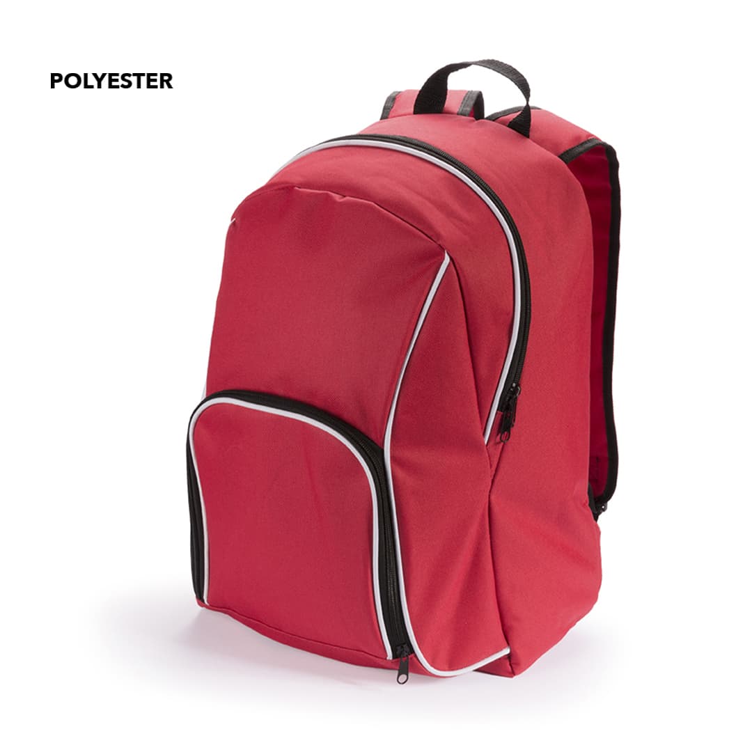 A red polyester backpack with black accents and zippers, featuring multiple compartments and padded straps. Yondix Backpack - Image 1