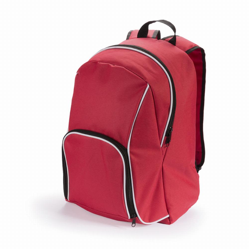 A red backpack with black and white detailing, featuring multiple compartments and adjustable straps. Yondix - Image 1