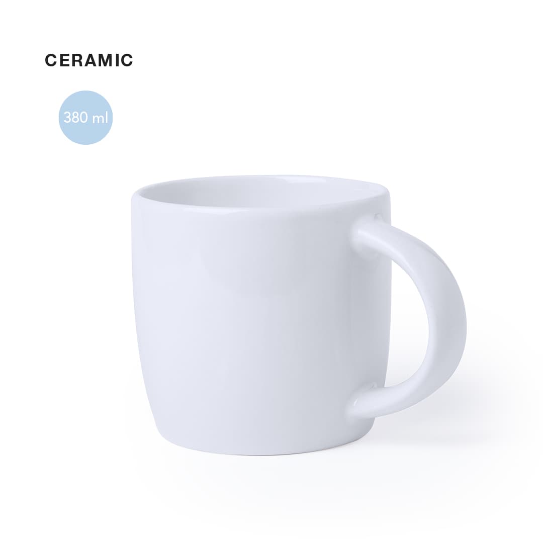 A ceramic white coffee mug with a capacity of 380 ml and a curved handle. Tarbox Mug - Image 1