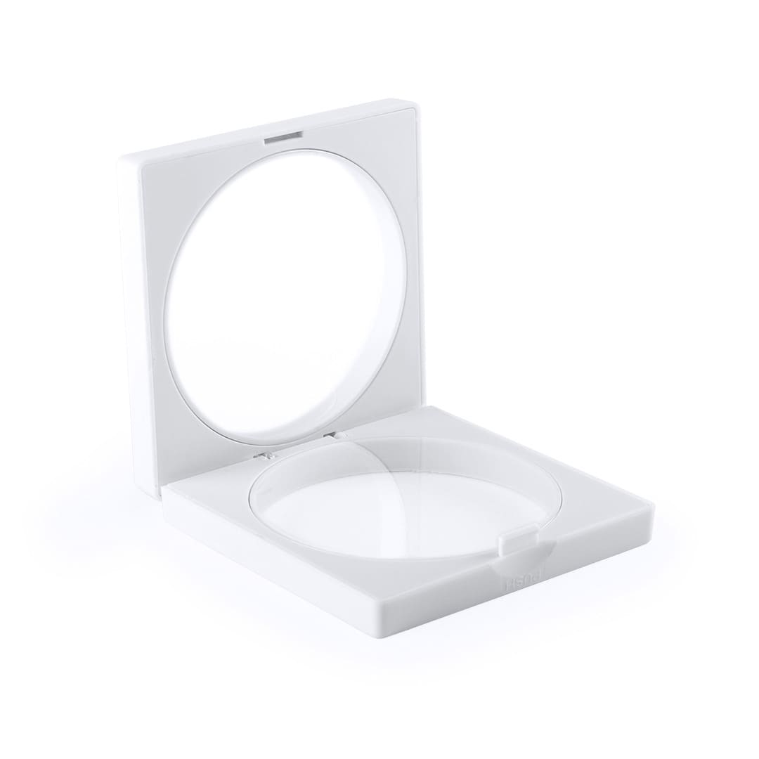 A white compact mirror with a circular mirror inside and a hinged lid, featuring a minimalistic design. Kibal Pouch - Image 1