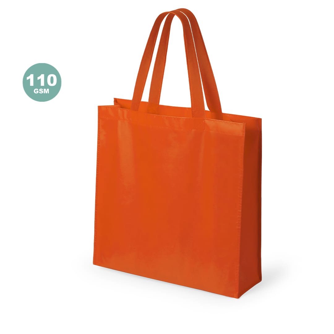 An orange Natia bag with two sturdy handles, made from 110 GSM material, featuring a branding logo. Natia Bag - Image 1