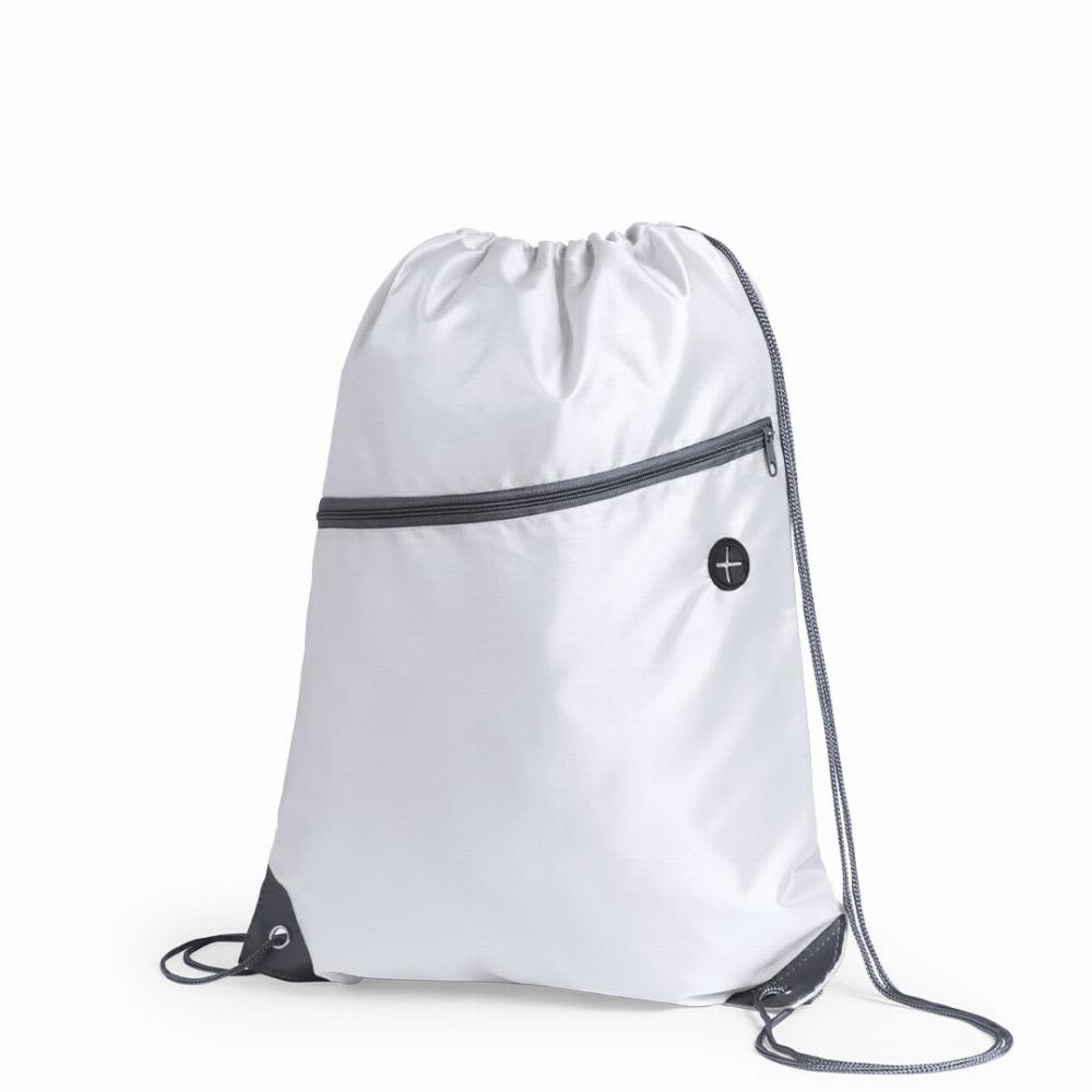 A white drawstring backpack with a grey zippered pocket and logo. It features adjustable drawcord straps. Blades - Image 1