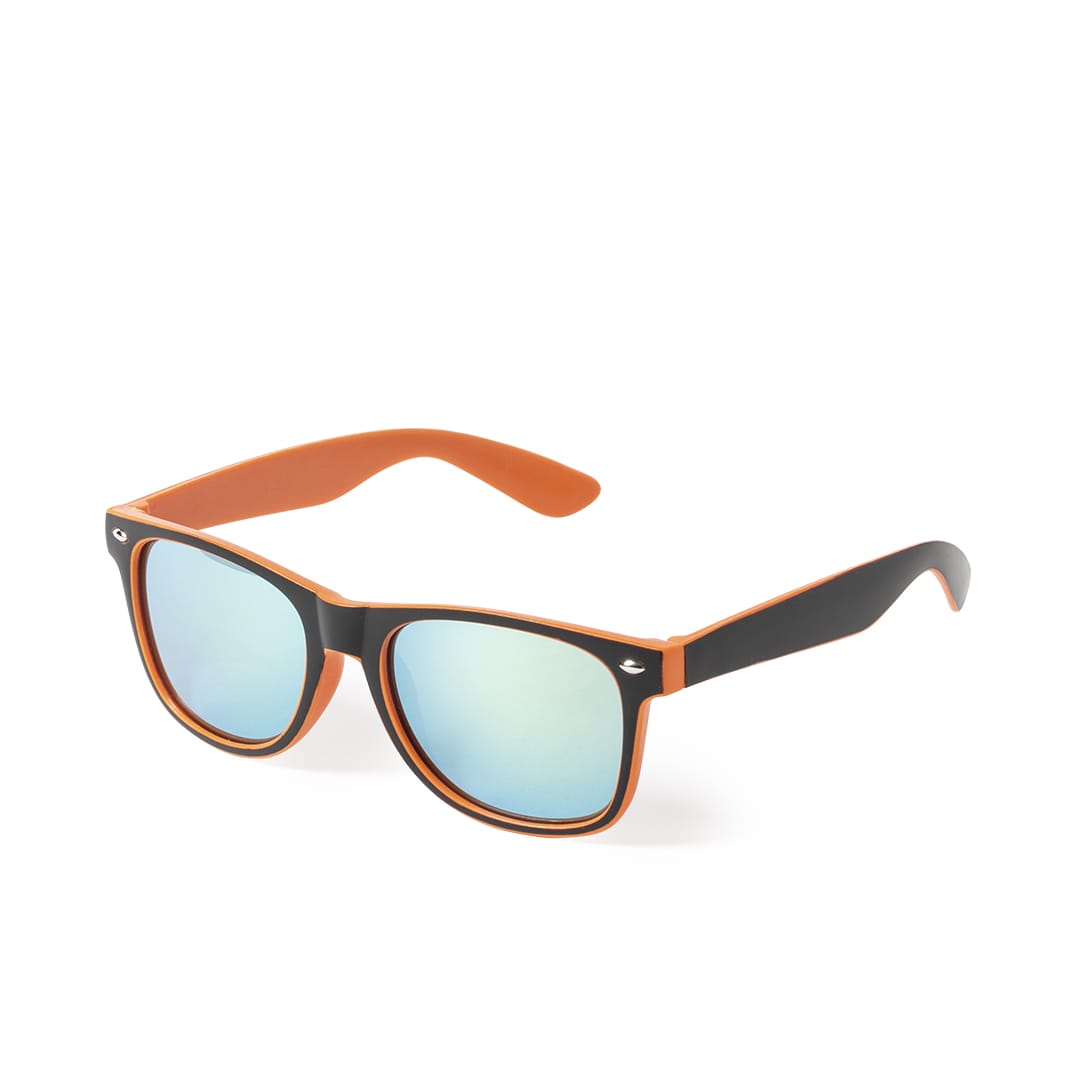 Sunglasses with black frames and orange arms, featuring reflective blue lenses and a logo on the side. Gredel Sunglasses - Image 1