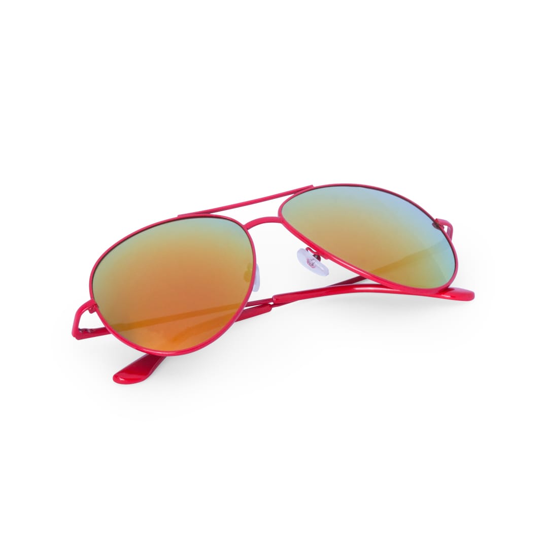 Red sunglasses with mirrored lenses, featuring a stylish frame and nose pads. Includes branding on the side. Kindux Sunglasses - Image 1