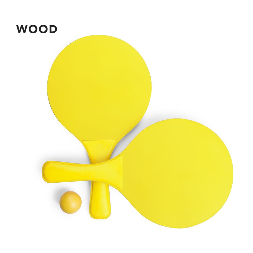 A pair of bright yellow wooden beach rackets and a matching yellow ball. The product has a branding logo. Faluk Beach Rackets - Image 1