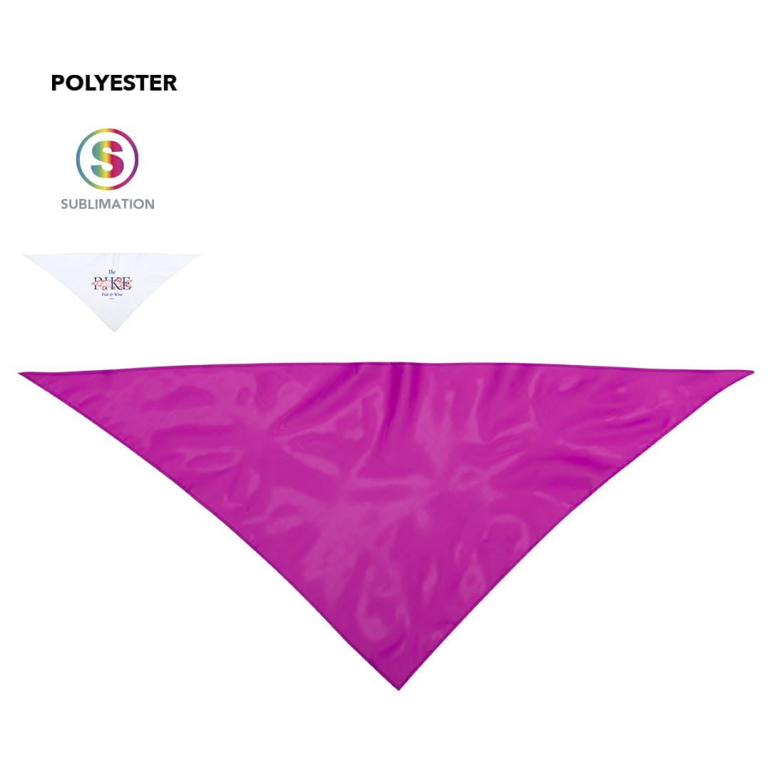 A bright pink Kozma Neckerchief Wrap with a triangular shape, made from polyester, featuring a logo. Kozma Neckerchief Wrap - Image 1
