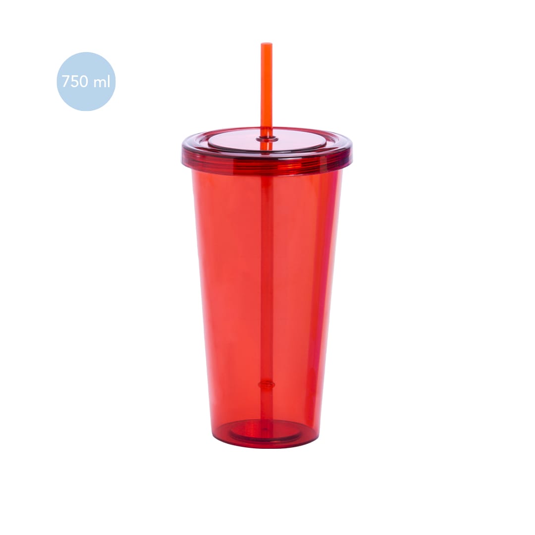 A red plastic tumbler with a removable lid and an orange straw, holding 750 ml. It features a logo. Trinox Cup - Image 1