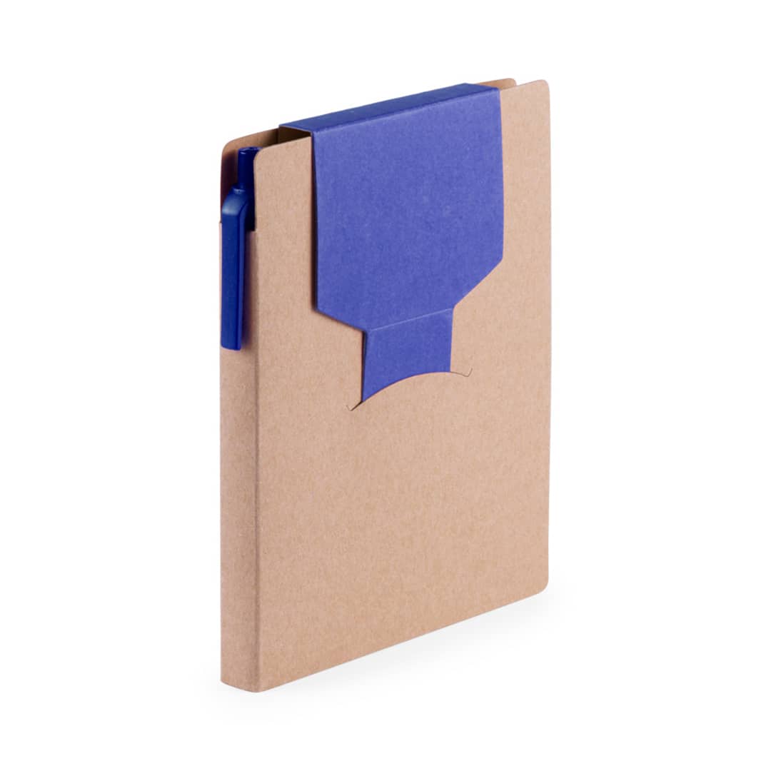 A brown notepad with a blue top flap and a blue pen attached, featuring a logo on the cover. Cravis Sticky Notepad - Image 1