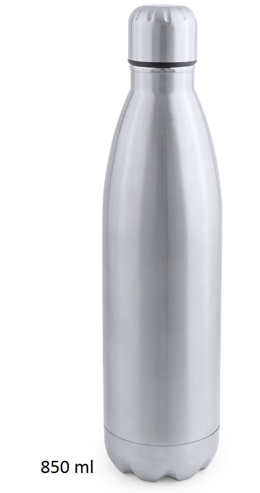 A drink bottle with a sleek silver finish, featuring an 850 ml capacity and a logo on the body. Zolop - Image 1