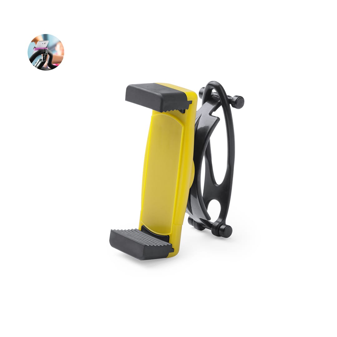 A black and yellow car phone holder with a grip design, featuring a logo. Suitable for securing mobile devices. Perch Holder - Image 1