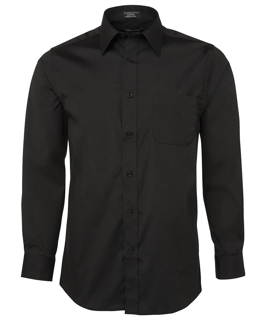 A black long-sleeve button-up shirt with a chest pocket and a logo on the collar. JB's Urban L/S Poplin Shirt - Image 1