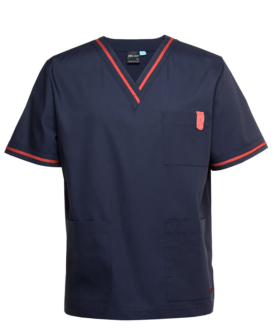 A navy unisex scrubs top featuring contrasting red trim, with a chest pocket and two side pockets. JB's Contrast Unisex Scrubs Top - Image 1