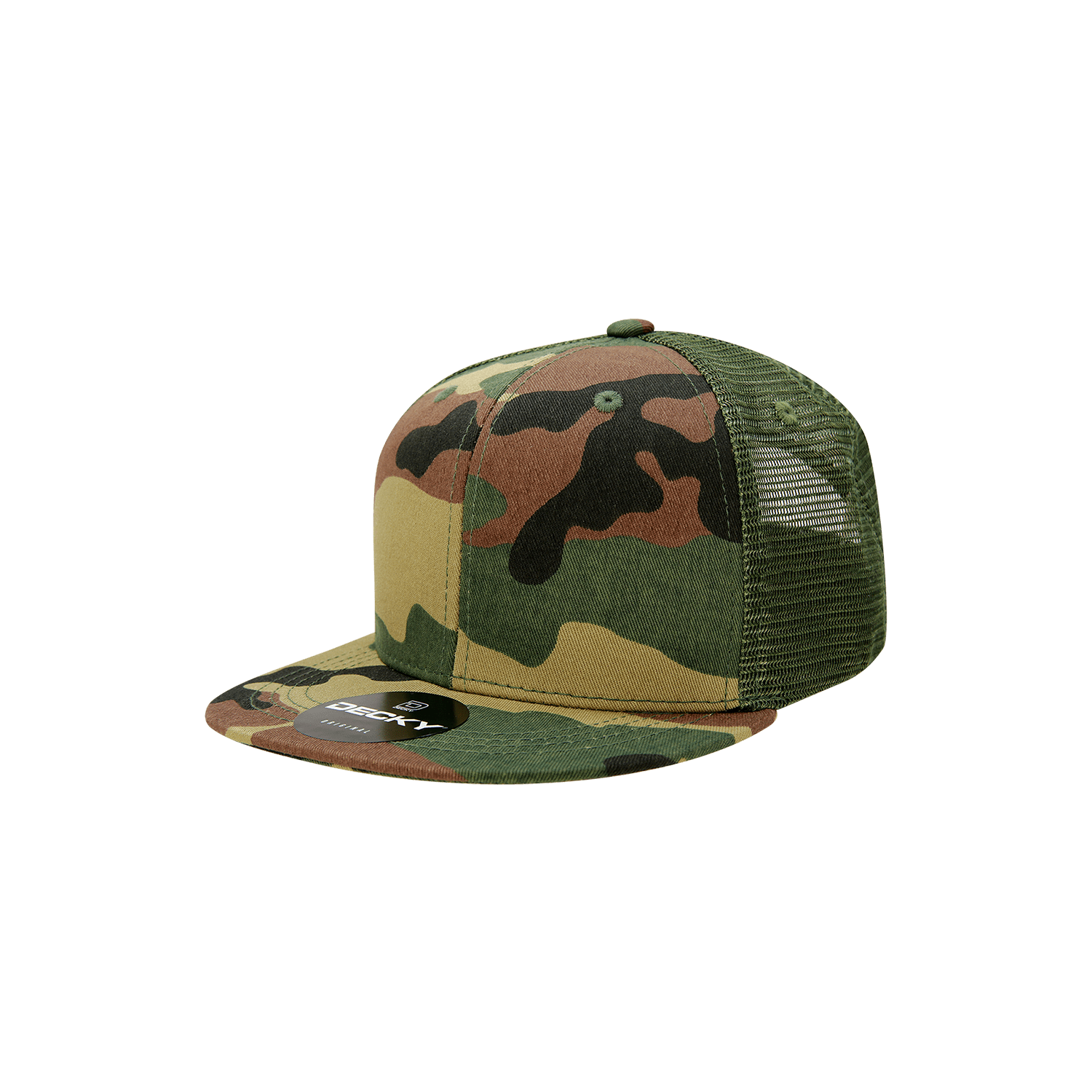 A high-profile structured trucker cap in a camo pattern, featuring a mesh back and a logo on the front. Youth 6 Panel High Profile Structured Trucker - Image 1